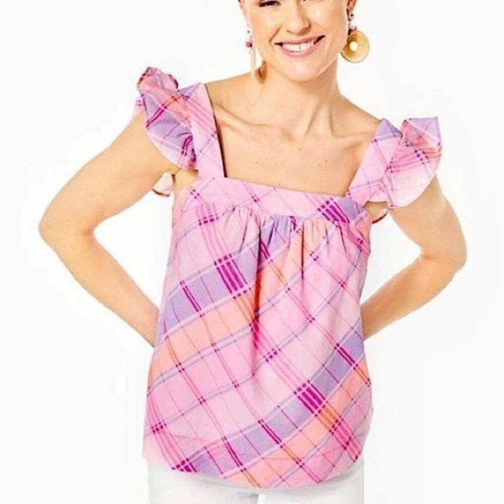 NWT Lilly Pulitzer Women's Square Neck Pink Isle Madras Plaid Reyna Top Size M